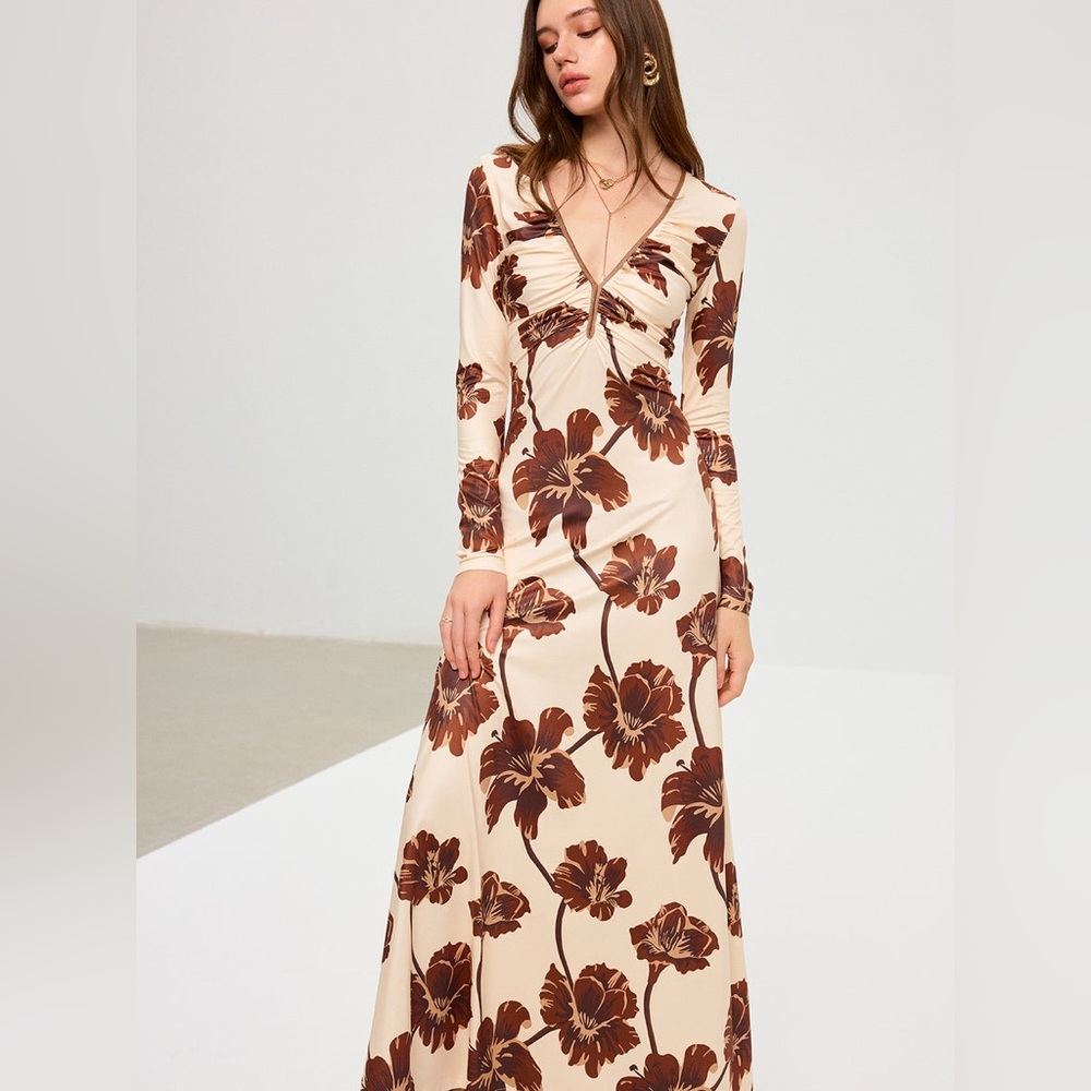 Nwt Commense Floral v neck maxi Long Sleeve Dress - Cream and Brown - Picture 4 of 16